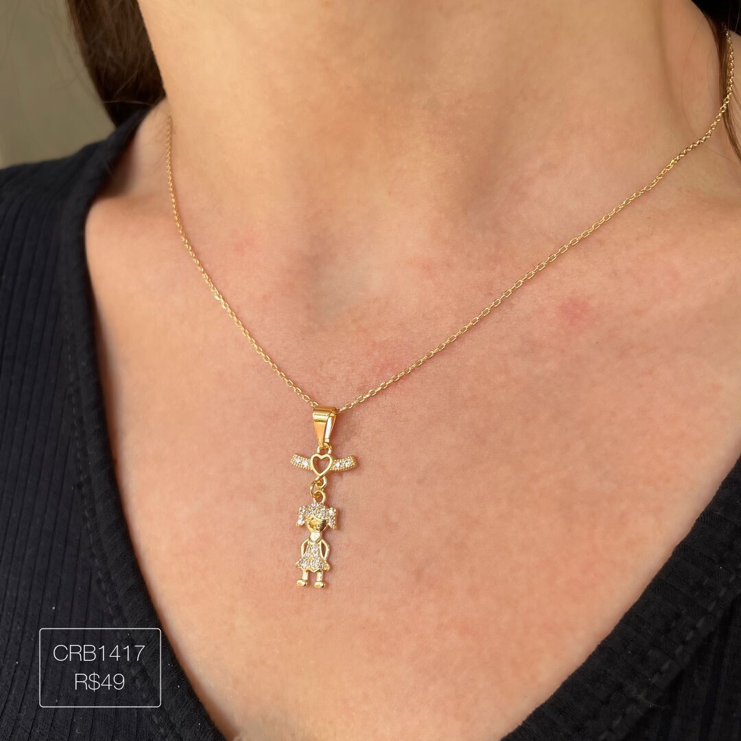 Colar Canga c/ 1 Menina Cravejado Cristal Dourado